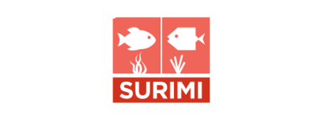 Surimi - red blocks with two fish swimming towards each other