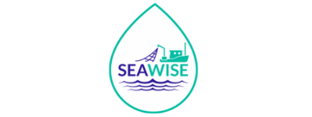 SeaWise logo - raindrop with SeaWise written inside with boat and fishing net