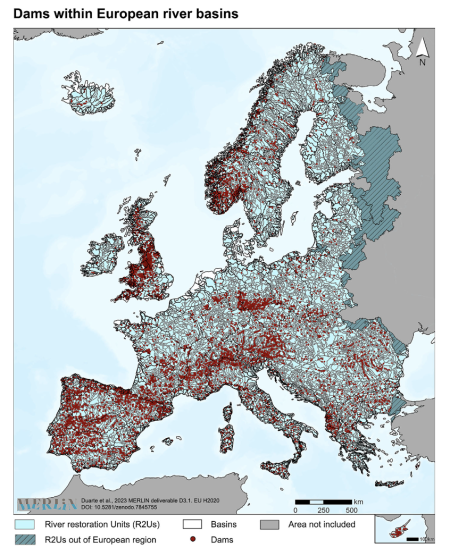 map showing damns within european river basins 